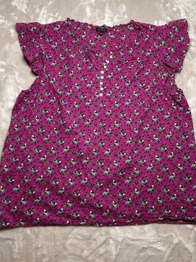 Talbots Popover Top Womens XL Purple Bird AOP Ruffle Sleeve Cotton Boho Peasant